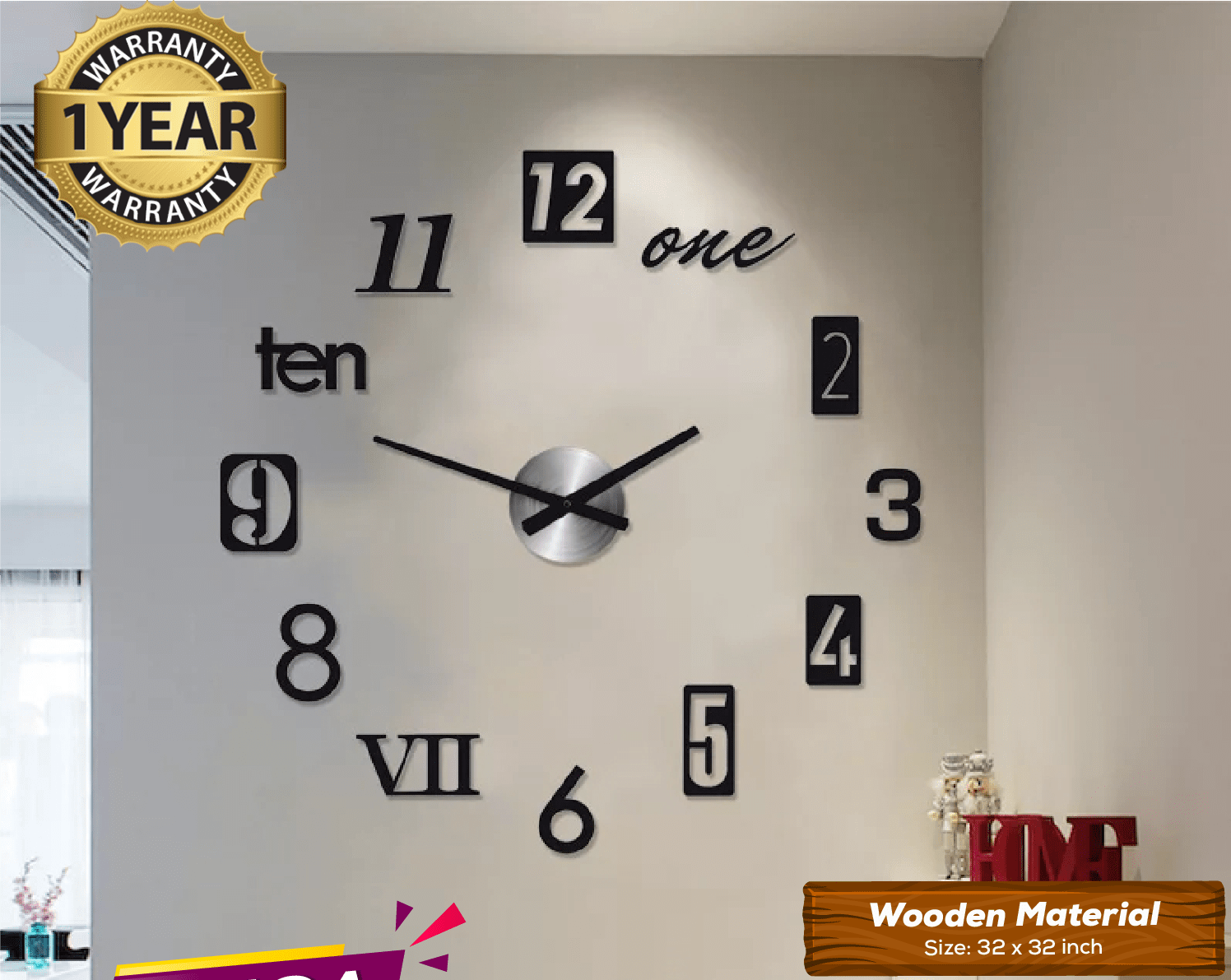 WOODEN DIY CLOCK WITH 12 INCHES NEEDLES