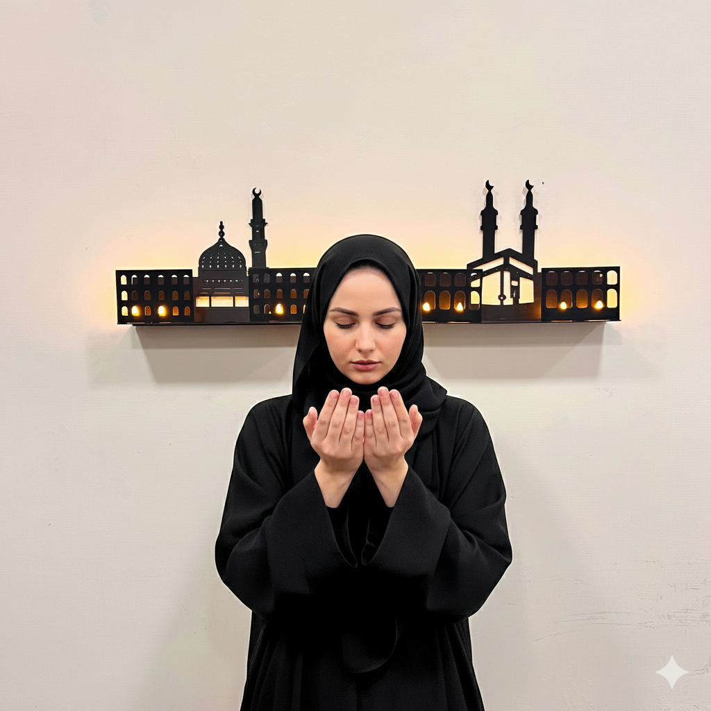 3D Islamic Wooden Shelves – Khana Kaba & Roza Rasool (SAW) Design with 4 LED Candles